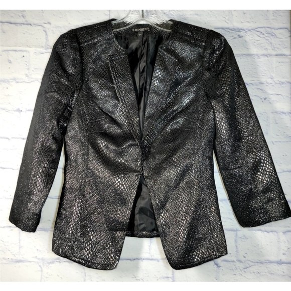 Express Blazer Jacket Black Snake Metallic Hook Front Size 0 Holiday Retroglam - Picture 1 of 7